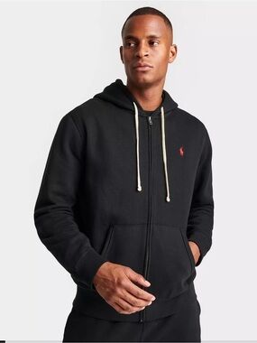 Polo by Ralph Lauren Black Zip-Up Hoodie with Red Pony and Cream Drawcords